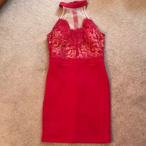 Formal dress, red with lace